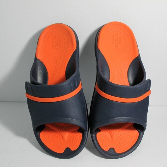 Crocs Dual Comfort Slide Sandal Two Tone Orange Blue Womens 7 Mens 5 Unisex - Picture 2 of 10